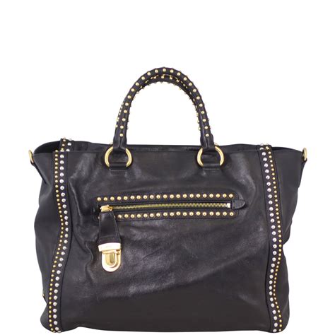 prada glace calf leather studded tote|PRADA Glace Calf Studded Tote Black .